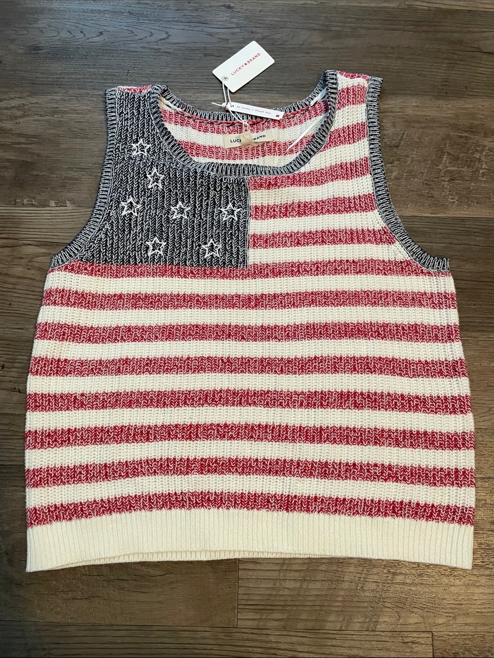 Lucky Brand Red, White & Blue Knit Flag Tank sweater NWT